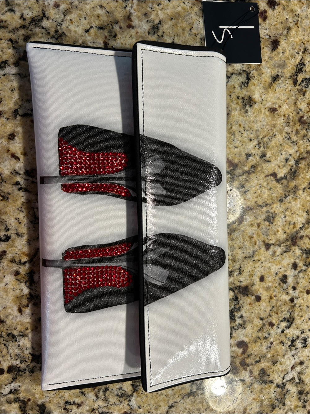 White Clutch with Red Crystal Heel Graphic